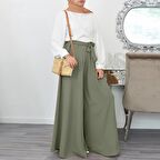 Barbora Keten Yazlık Günlük Kemerli Kadın Pantolon Şalvar LN345haki