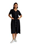 Barbora Keten Günlük Rahat V Yaka Beli Büzgü Detaylı Düğmeli Elbise LN04siyah4