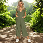 Yazlık V Yaka Kısa Paça Rahat Keten Tulum