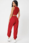 Kadın Kırmızı Kaşkorse Cepli Jogger Eşofman Altı ve Crop Top Bluz