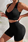 Kadın Siyah Yüksek Bel Çapraz Sırt Detaylı Şortlu Gecelik Takım