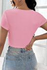 Kadın Pembe Yarım Kol Düz Yaka Crop Top Bluz