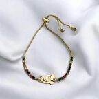 Şık Kuş Figürlü, Renkli Taşlı ve 14 Ayar Altın Plakalı Y Harfli Bileklik