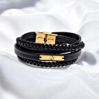 İkonik Siyah Deri Örgülü, 14 Ayar Altın Plakalı ve Dikdörtgen Motifli Y Harfli Bileklik