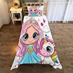 Princesa y unicornio Desenli Yatak örtüsü ve yastık kılıfı 2li takımı