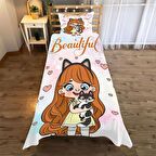 Kedili kız Desenli Yatak örtüsü ve yastık kılıfı 2li takımı