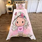 Çizgi film kız pembe elbiseli yaylı  Desenli Yatak örtüsü ve yastık kılıfı 2li takımı