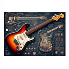 Kırmızı Elektro Gitar Planı Modern Ahşap Tablo 35cm X50cm