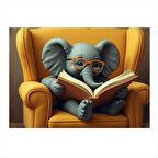 Koltukta Kitap Okuyan Fil Model Ahşap Tablo 25cmX 35cm