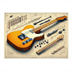 Turuncu Elektro Gitar Planı Tasarım Mdf Tablo 25cmX 35cm