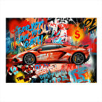 Grafitili Kırmızı Spor Araba Modern Ahşap Tablo 35cm X50cm