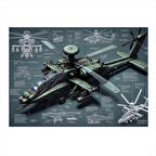 Teknik Askeri Helikopter Çizimi Hediyelik Mdf Tablo 35cm X50cm