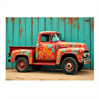 Çiçek Desenli Kırmızı Kamyonet Mdf poster 35cm X50cm