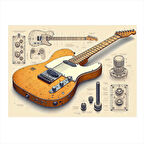 Elektro Gitar Teknik Çizimi Hediyelik Ahşap Tablo 25cmX 35cm