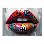 Grafitili Renkli Dudak Tasarımı Model Ahşap Tablo 35cm X50cm