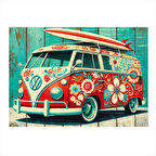 Renkli Çiçekli Retro Minibüs Desenli Ahşap Tablo 35cm X50cm
