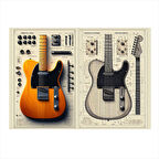 Elektro Gitar Çizimleri Hediyelik Ahşap Tablo 35cm X50cm