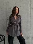 Kadın Antrasit Bel Bağlamalı Blazer Ceket