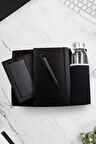 Siyah Defter & Siyah Powerbank & Telefon Tutuculu Tükenmez Kalem & Kılıflı Su Matarası Hediye Seti