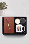 Kahverengi Defter & Vintage Harf Kupa & Gold Roller Kalem & Siyah Metal Kutulu Mum Hediye Seti