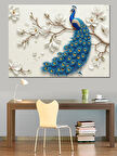 Beyaz Çiçekli Mavi Tavus Kuşu Dekoratif Kanvas - Mdf Ahşap Tablo