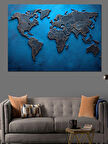 Mavi Metal Dünya Haritası Dekoratif Kanvas - Mdf Ahşap Tablo