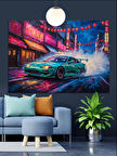 Neon Işıklar Altında Spor Araba Dekoratif Kanvas - Mdf Ahşap Tablo