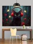 Kara Kedi Kulaklık Müzik Dekoratif Kanvas - Mdf Ahşap Tablo