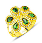 Altın Zümrüt Taşlı Çiçek Tasarım Yüzük