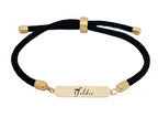 Estetik ve Çekici Dikdörtgen Motifli Siyah Örgülü 14 Ayar Altın Plakalı Yıldız Bilekliği