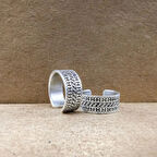 Etnik Desenli Gümüş Renk Ayarlanabilir Yüzük