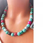  Turkuaz Ahşap Çiçek Desenli Kolye 