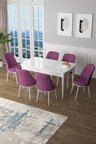 Zen Serisi 80x132 Mdf Açılabilir Beyaz Mutfak Masası Takımı Ve 6 Mor Sandalye