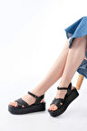 861-1005 Siyah Günlük Çapraz Dolgu Topuk Kadın Sandalet