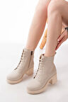 5109-3025 Bej Bağcıklı Fermuarlı Kalın Topuklu Günlük Kadın Bot