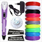 Mor Renk 3D Kalem + 10 Renk Toplam 50 Metre Pla Filament + Şablon