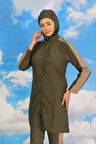 Kadın Pantolonlu Kolu Şeritli Tam Tesettür Mayo Haki