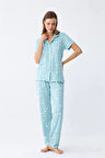 Kadın Buz Mavisi Yıldız Desenli Önden Düğmeli Pijama Takımı