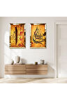 GOLD AYNALI PLEKSİ ÇERÇEVELİ TURUNCU ARKA PLANLI ARAPÇA YAZILAR MODERN İKİLİ MDF TABLO SETİ