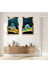 GOLD AYNALI PLEKSİ ÇERÇEVELİ GECE AĞAÇ MANZARALI DEKORATİF İKİLİ MDF TABLO SETİ