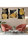 Altın Bitki Soyut Desen Gümüş Pleksi Kenar Üçlü Mdf Tablo Seti