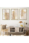 Gümüş Metal Çerçeveli Soyut Desen Şekiller Üçlü Kırılmaz Cam Tablo Seti