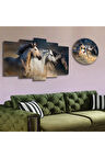 Altılı Mdf Tozu Dumana Katan Kahverengi Ve Beyaz Atlar Saatli Tablo Seti