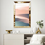 GOLD AYNALI PLEKSİ ÇERÇEVELİ PEMBE VE MAVİ RENKLİ ÇİZGİLİ SOYUT TASARIM TABLOSU