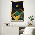 GOLD AYNALI PLEKSİ ÇERÇEVELİ ÇİZGİ DESENLİ ALTIN VE YEŞİL MANZARA TASARIMI TABLOSU