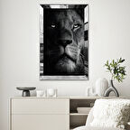 GÜMÜŞ  AYNALI PLEKSİ ÇERÇEVELİ SİYAH BEYAZ YAKIN GÖRÜNTÜ ASLAN TABLOSU