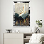 GÜMÜŞ AYNALI PLEKSİ ÇERÇEVELİ MİNİMALİST GRİ BEYAZ LEYLEK DESENLİ ÇİZİM TABLO