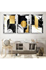 Gold Aynalı Pleksi Çerçeveli Desenli Soyut Şekiller Üçlü Mdf Tablo Seti