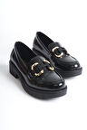 Caro Premium Rugan Siyah Gold Tokalı Kadın Loafer