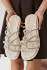 Loren Premium Bej Kadın Taşlı Terlik